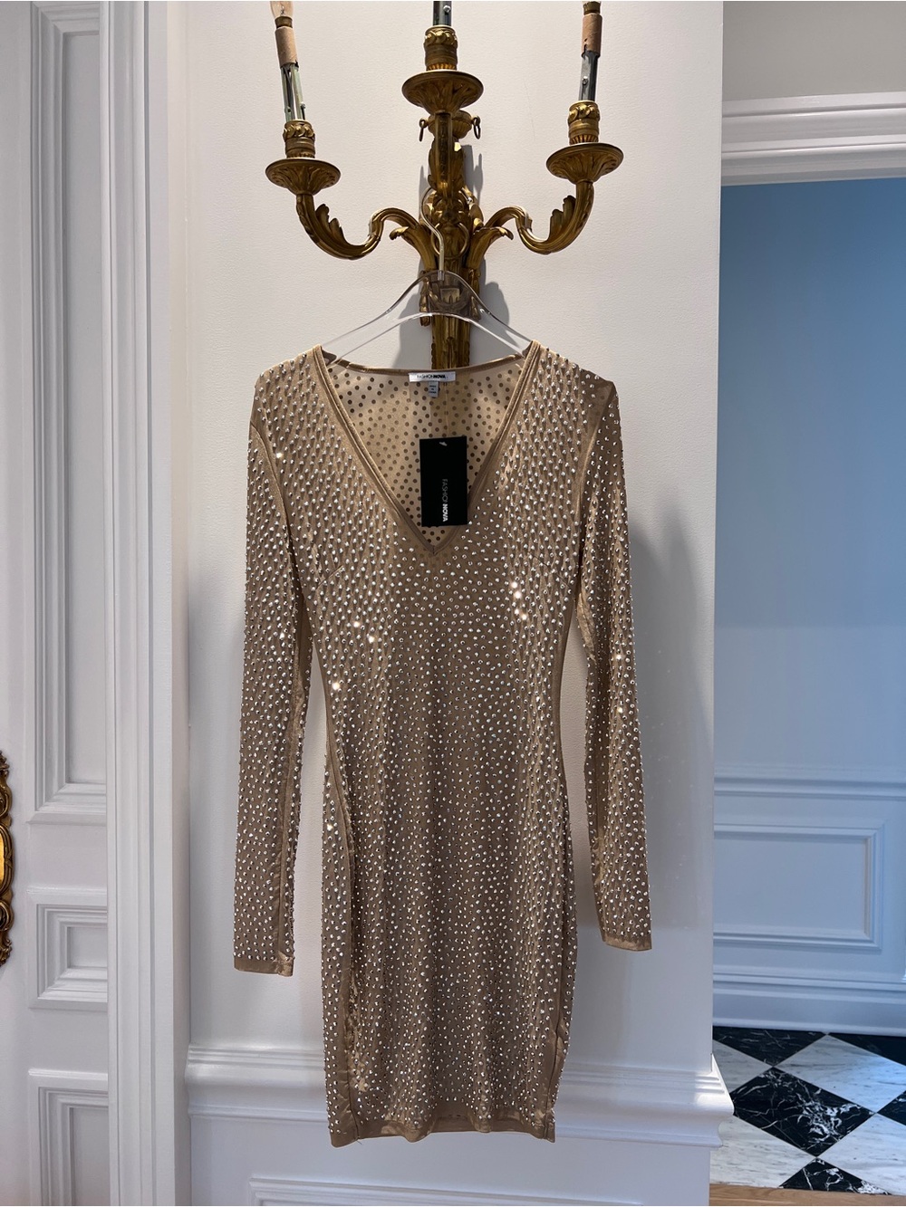 Fashion Nova Beige Long Sleeve V-Neck Embellished Bodycon Dress